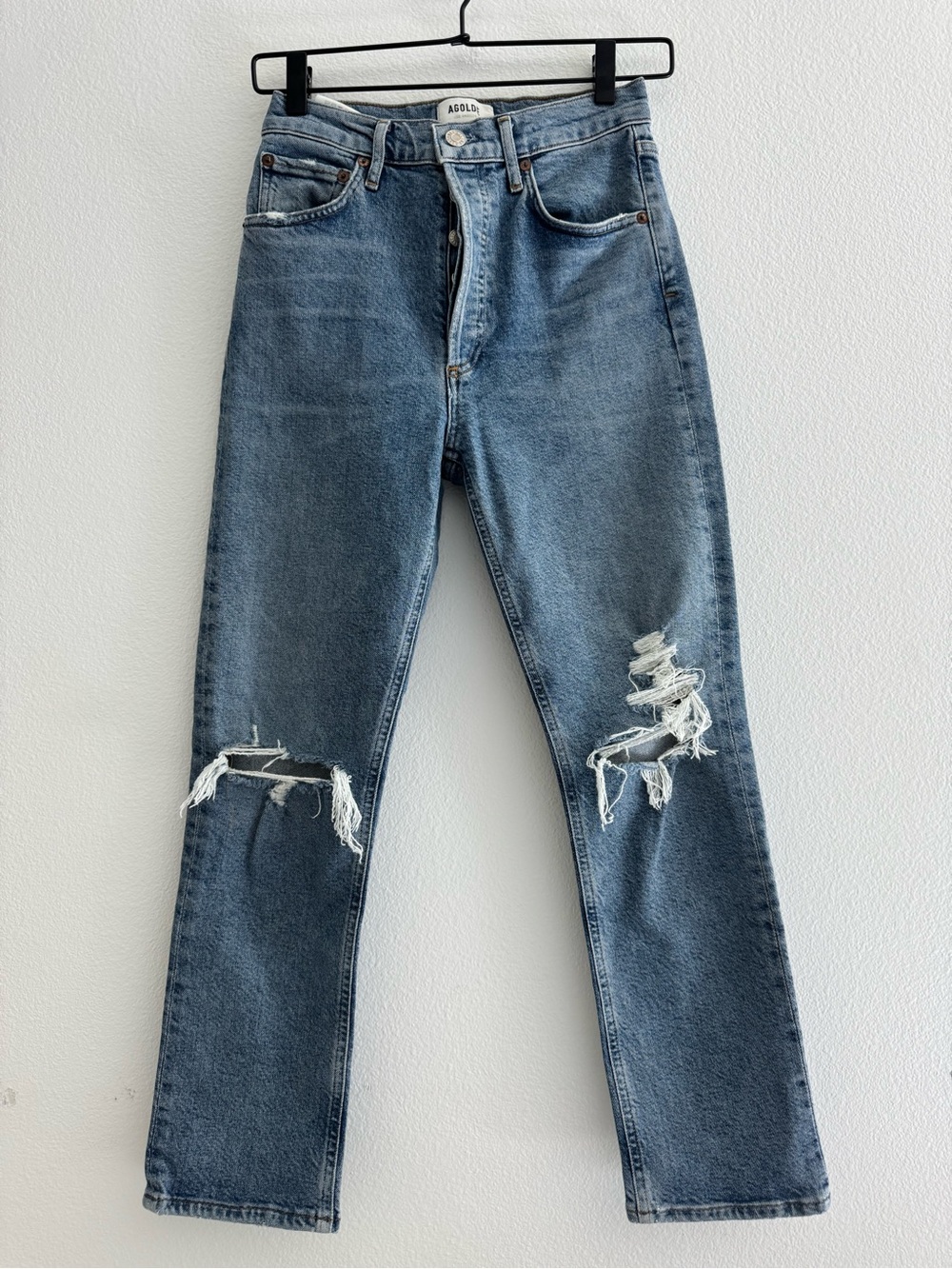 Agolde Washed Blue Straight Jeans with Distressed Knees size 25